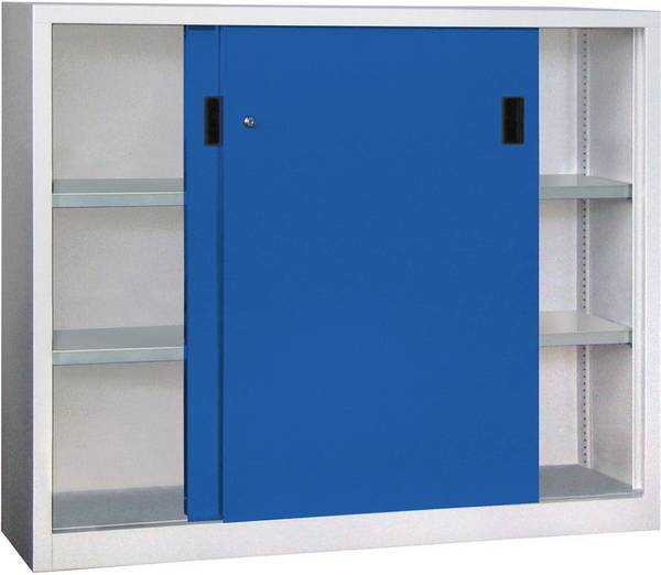 Schwerlastschrank H1200xB1500xT500 mm 4 Böden verz. Mittelwand RAL 7035/5010 Schiebetür