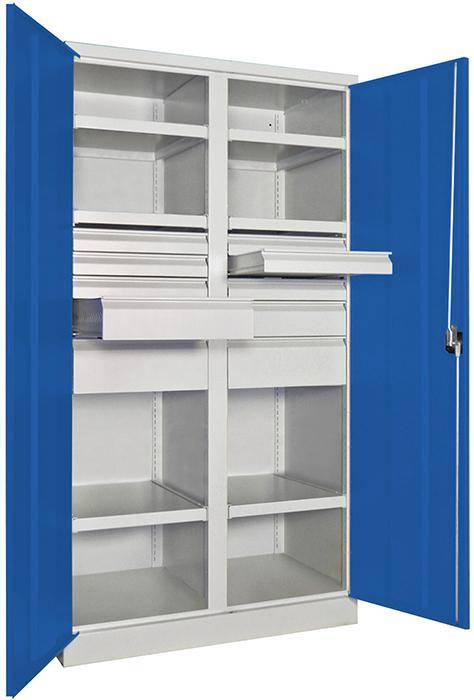 Schwerlastschrank m.TürenB1040xT630xH1950 mm 6 FB,SL 6x75,2x125,175mm RAL 7035/5010 Mittelwand - Artikel: 7830354279-0