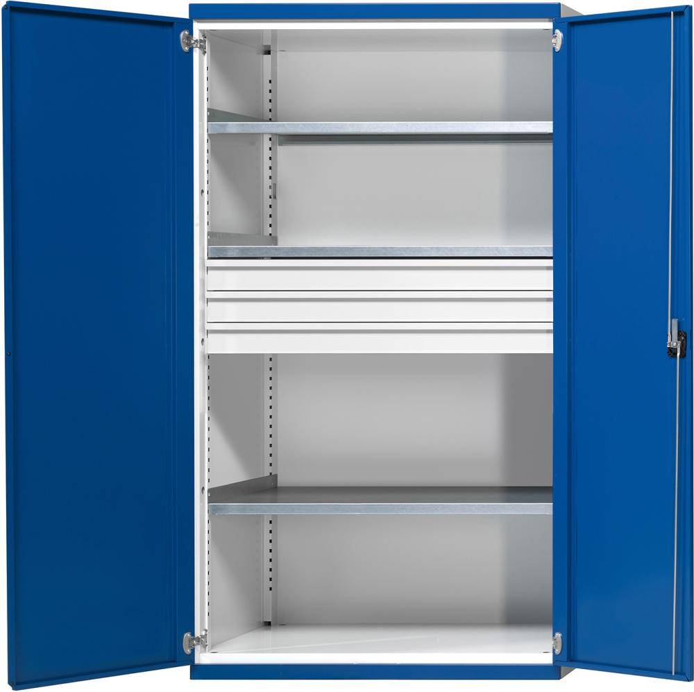 Schwerlastschrank B1085xT690xH1950mm RAL7035/5010 o.Mittelwand3Böden,3Schubladen 200kg - Artikel: 7830104336-0