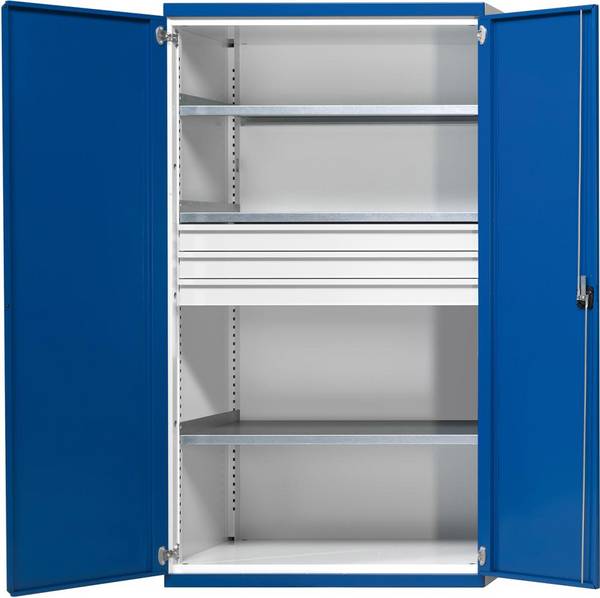 Schwerlastschrank B1085xT690xH1950mm RAL7035/5010 o.Mittelwand3Böden,3Schubladen 200kg - Artikel: 7830104336