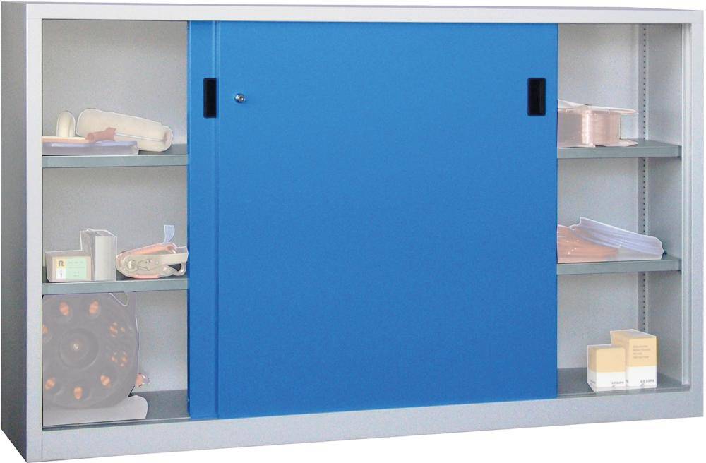 Schiebetürenschrank H1000xB2000xT600 mm 4 Böden verz. Mittelwand RAL 7035/5012-0