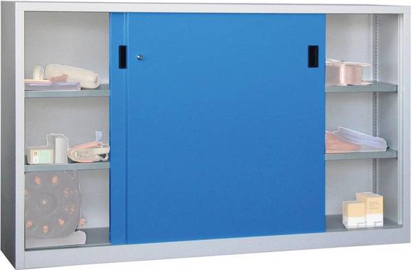 Schiebetürenschrank H1000xB2000xT600 mm 4 Böden verz. Mittelwand RAL 7035/5012