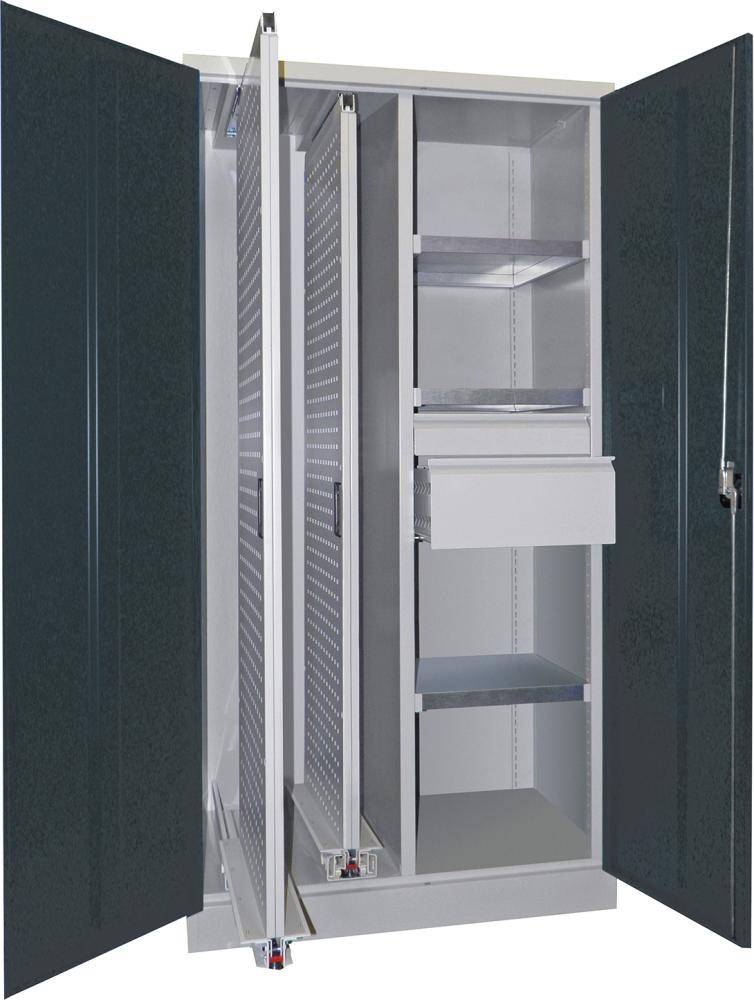 Vertikalauszugsschrank B1000xT600xH1950 mm 2 Wannen, 3 Böden, 2 SL RAL 7035/7016, Mittelwand - Artikel: 7830947250-0
