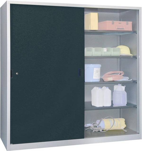 Schiebetürenschrank H1950xB2000xT600 mm 8 Böden verz. Mittelwand RAL 7035/7016