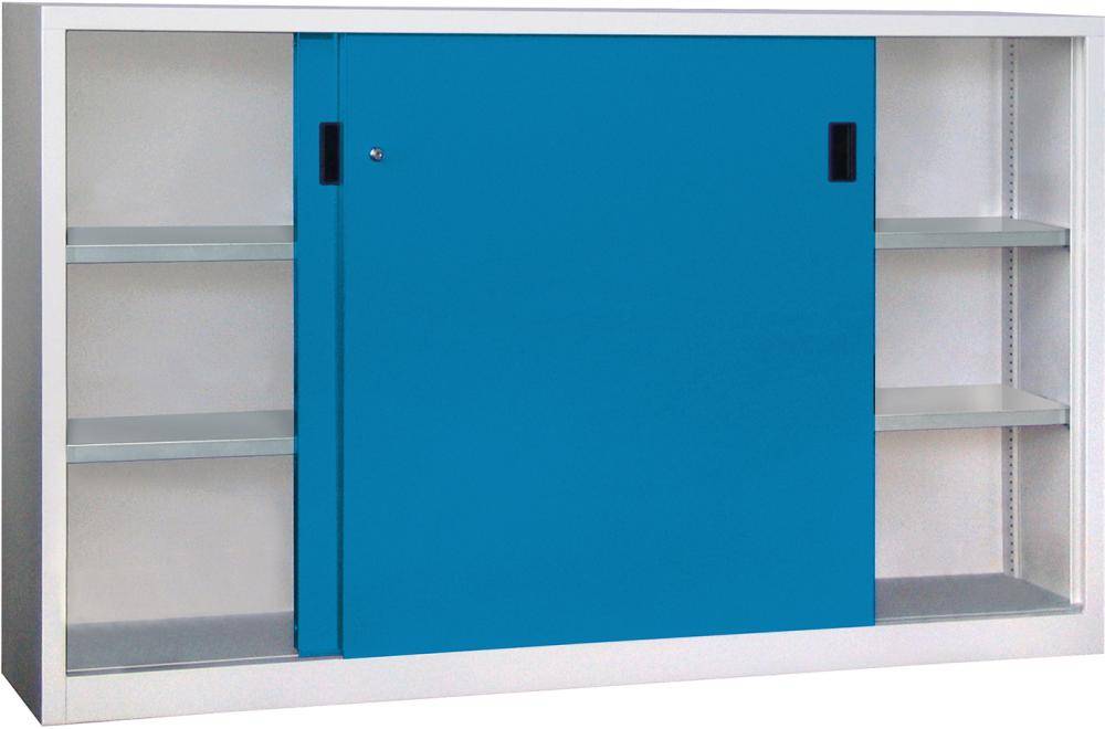 Schwerlastschrank H1200xB2000xT400 mm 4 Böden verz. Mittelwand RAL 7035/5012 Schiebetür - Artikel: 7830354412-0