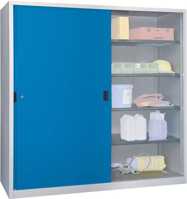 Schiebetürenschrank H1950xB2000xT500 mm 8 Böden verz. Mittelwand RAL 7035/5012