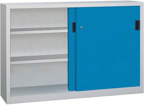 Schwerlastschrank H1000xB1500xT600 mm 4 Böden verz. Mittelwand RAL 7035/5012 Schiebetür