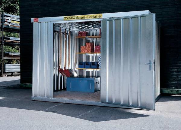 FLADAFI® Materialcontainer MC 1200 verzinkt mit 1-flügeliger Tür, Holzfußboden