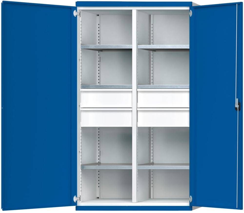 Schwerlastschrank B1085xT690xH1950mm RAL7035/5010 m.Mittelwand6Böden,4Schubladen 200kg - Artikel: 7830104338-0