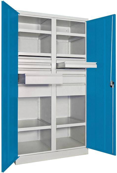 Schwerlastschrank m.TürenB1040xT630xH1950 mm 6 FB,SL 6x75,2x125,175mm RAL 7035/5012 Mittelwand - Artikel: 7830354280-0