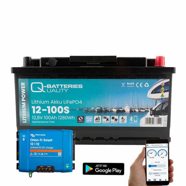 Q-Batteries Lithium Akku 12-100S 12,8V 100Ah 1280Wh LiFePO4 Batterie mit Victron Orion Ladegerät