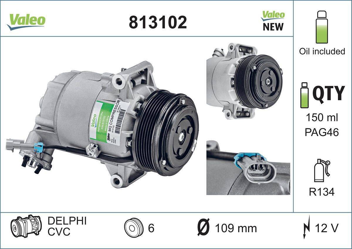 Klimakompressor 12 V R 134a Ø 109 mm VALEO für u.a. OPEL ZAFIRA-3