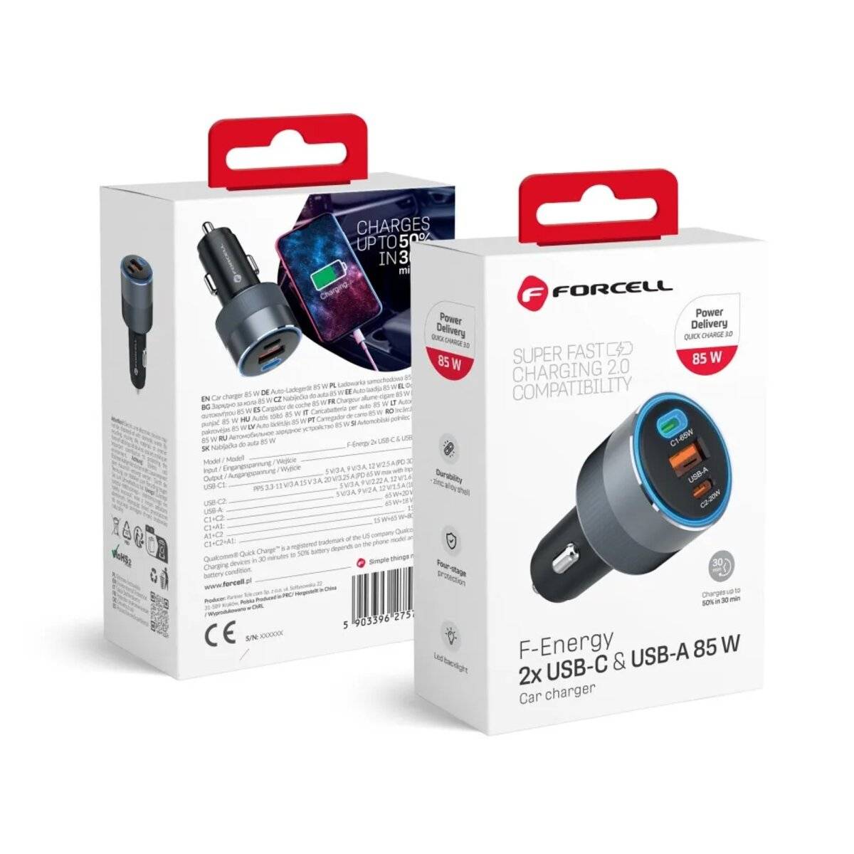F-ENERGY Alu Autoladegerät 2 x Typ C + USB A PD QC4.0 SFC2.0 3A 85W in Grau-4