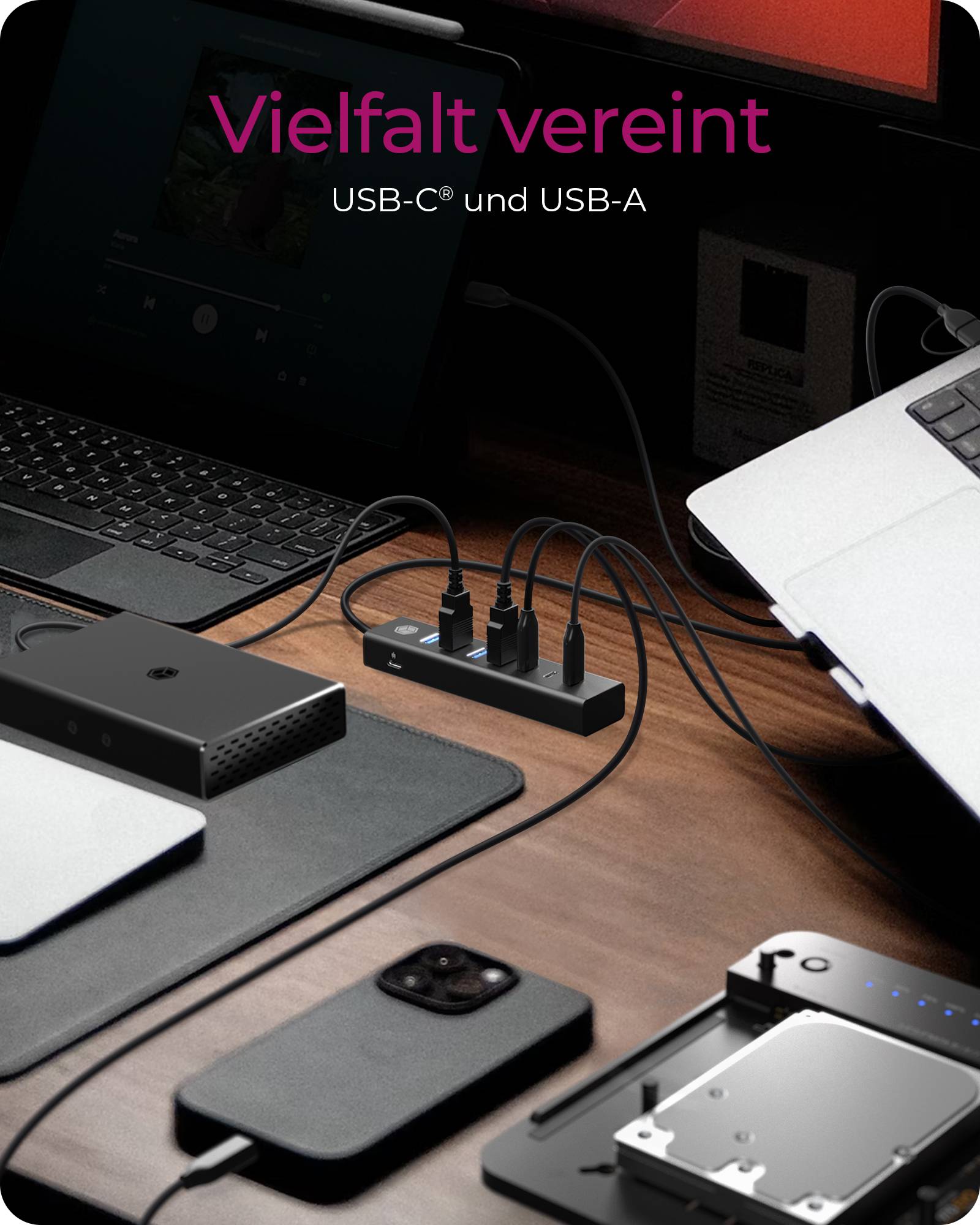 IB-HUB1737-C3, 7-Port USB 3.2 Gen 1 Hub, 3x USB Type-C®, 4x USB Type-A, Combo Hostanschluss, integriertes Kabel, black-1