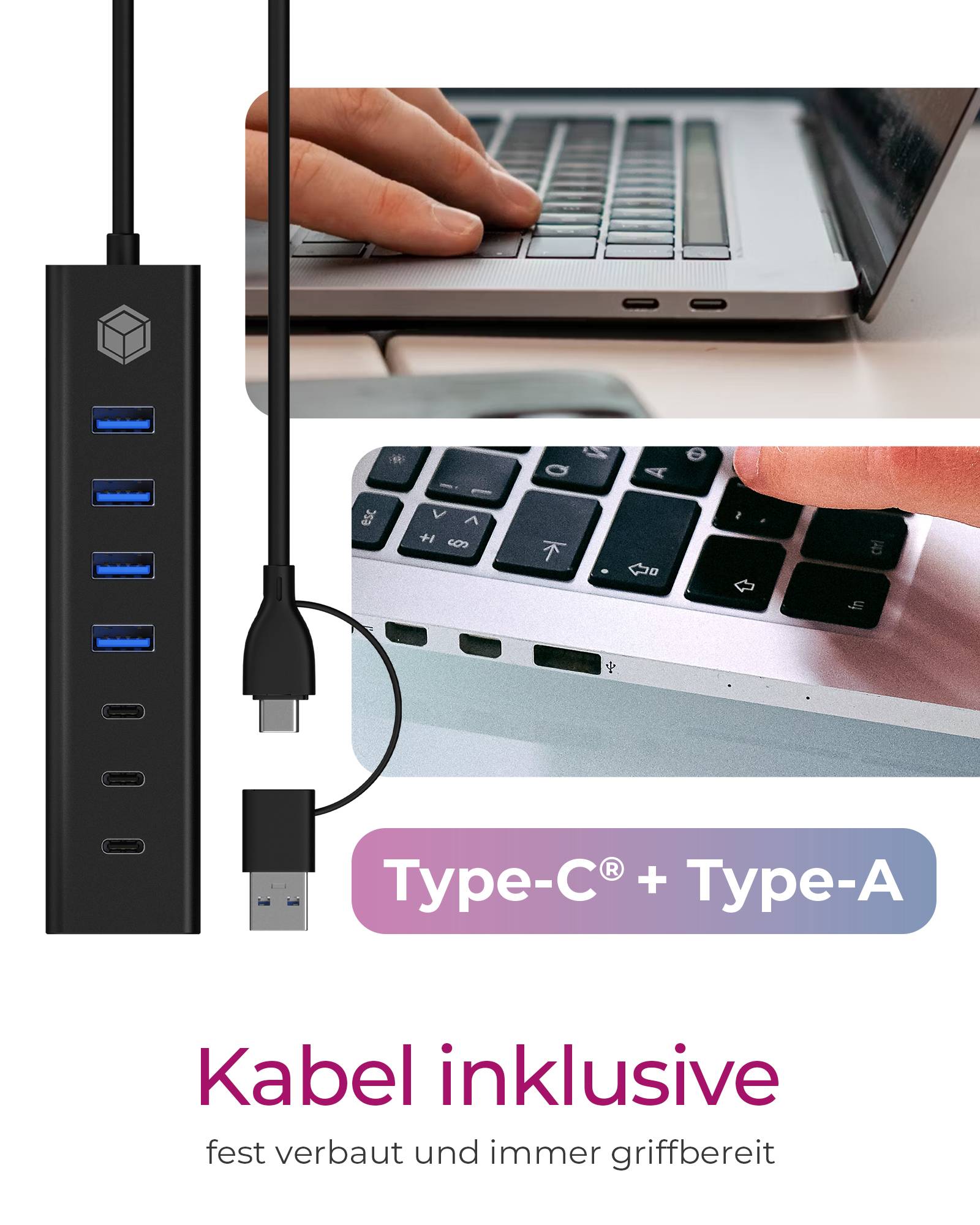 IB-HUB1737-C3, 7-Port USB 3.2 Gen 1 Hub, 3x USB Type-C®, 4x USB Type-A, Combo Hostanschluss, integriertes Kabel, black-3