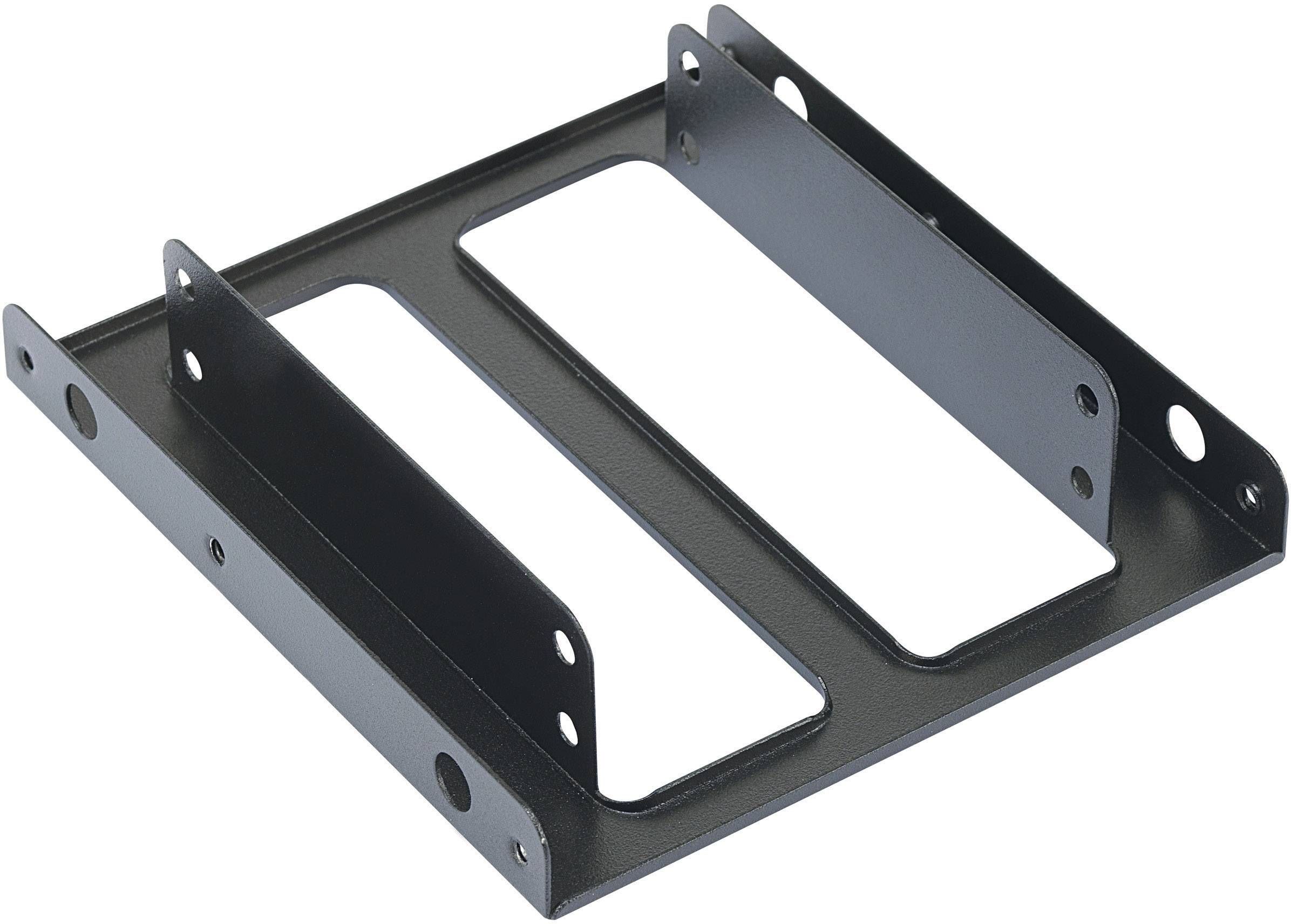 Ein schwarzer Metalladapter zur Montage eines 3,5-Zoll-Laufwerks in einen 5,25-Zoll-Schacht.