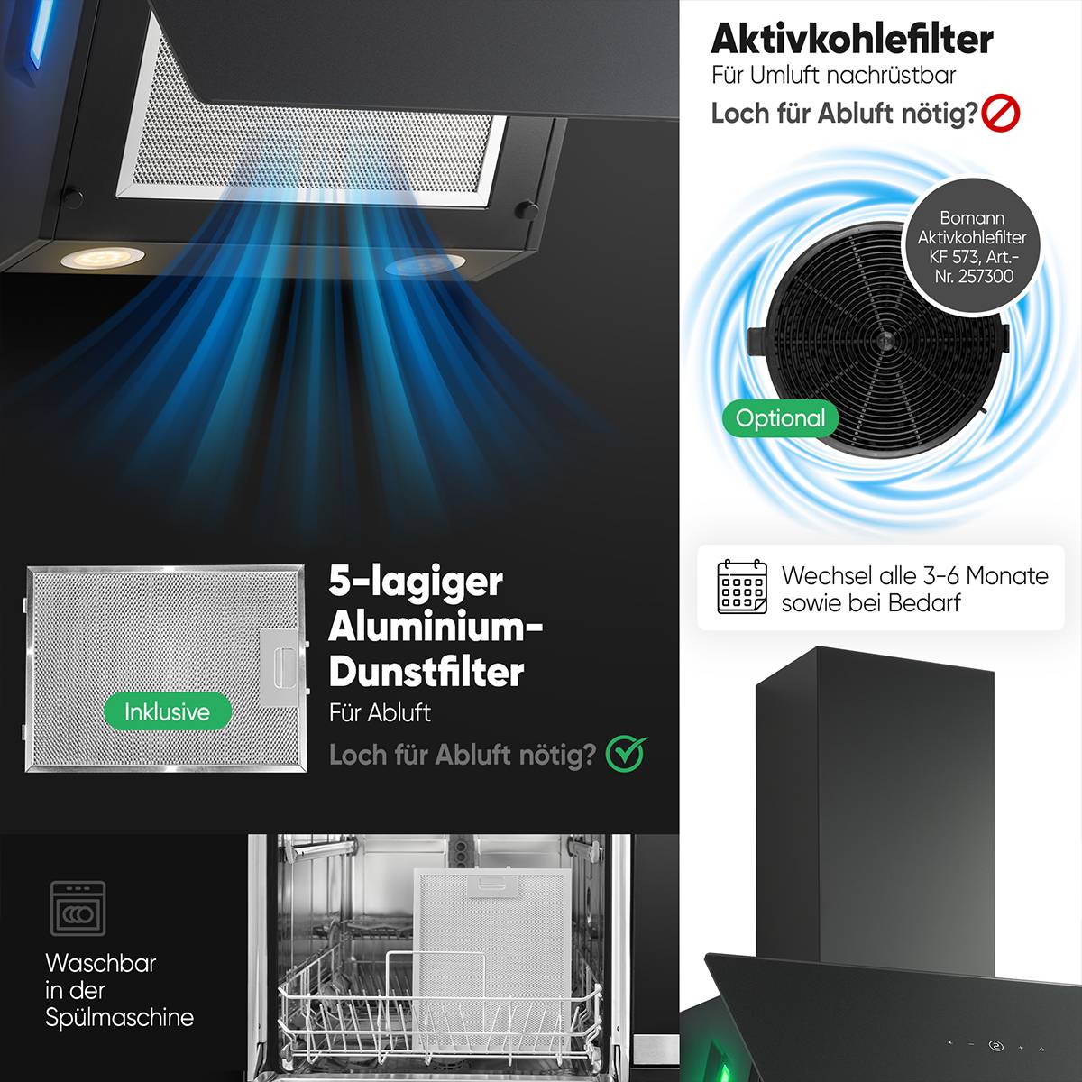 Bomann Kopffreie Vertikal-Haube DU 7611 G schwarz/Glas satiniert-4