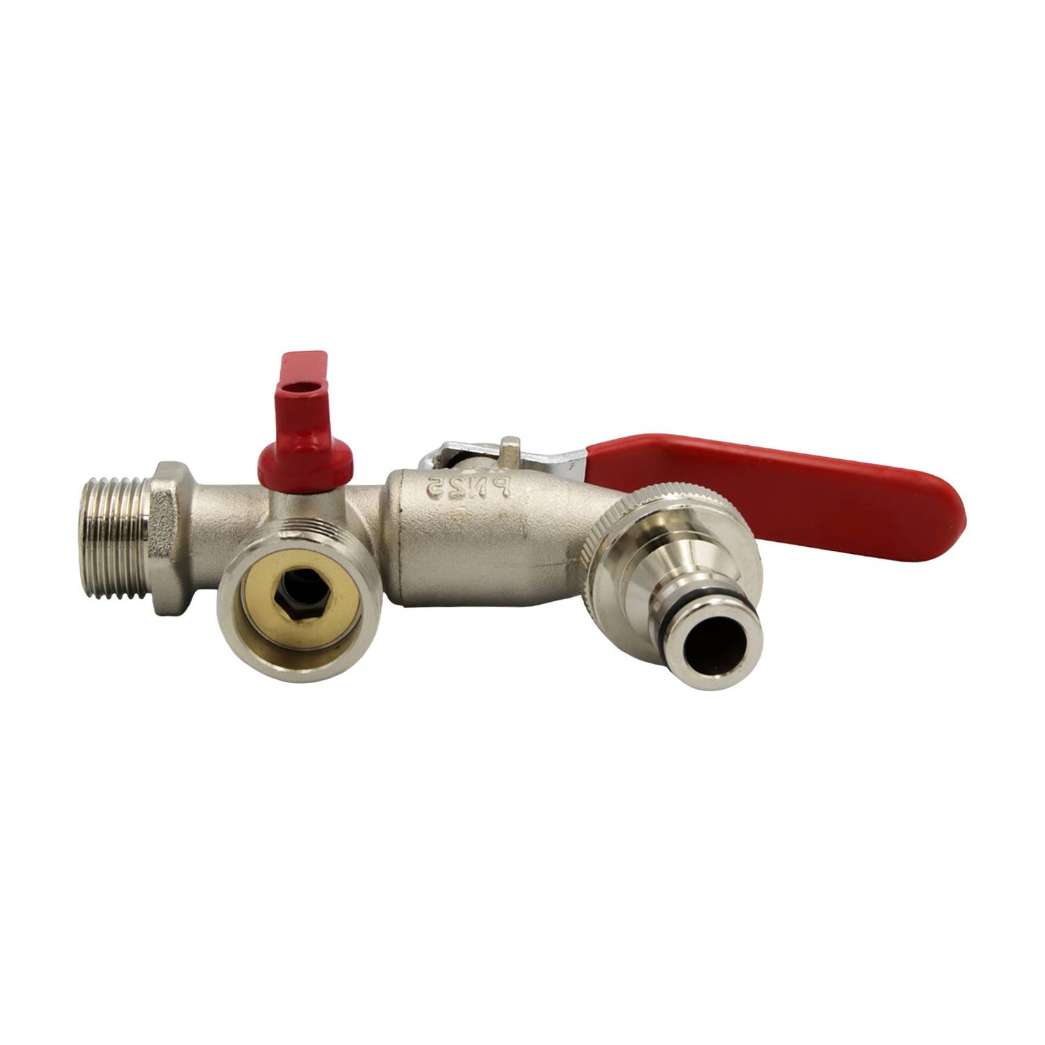 Duo Doppel-Anschluss Kugel-Hahn 1/2" 21mm Abgang mit 2 x 3/4" Auslaufhahn-3