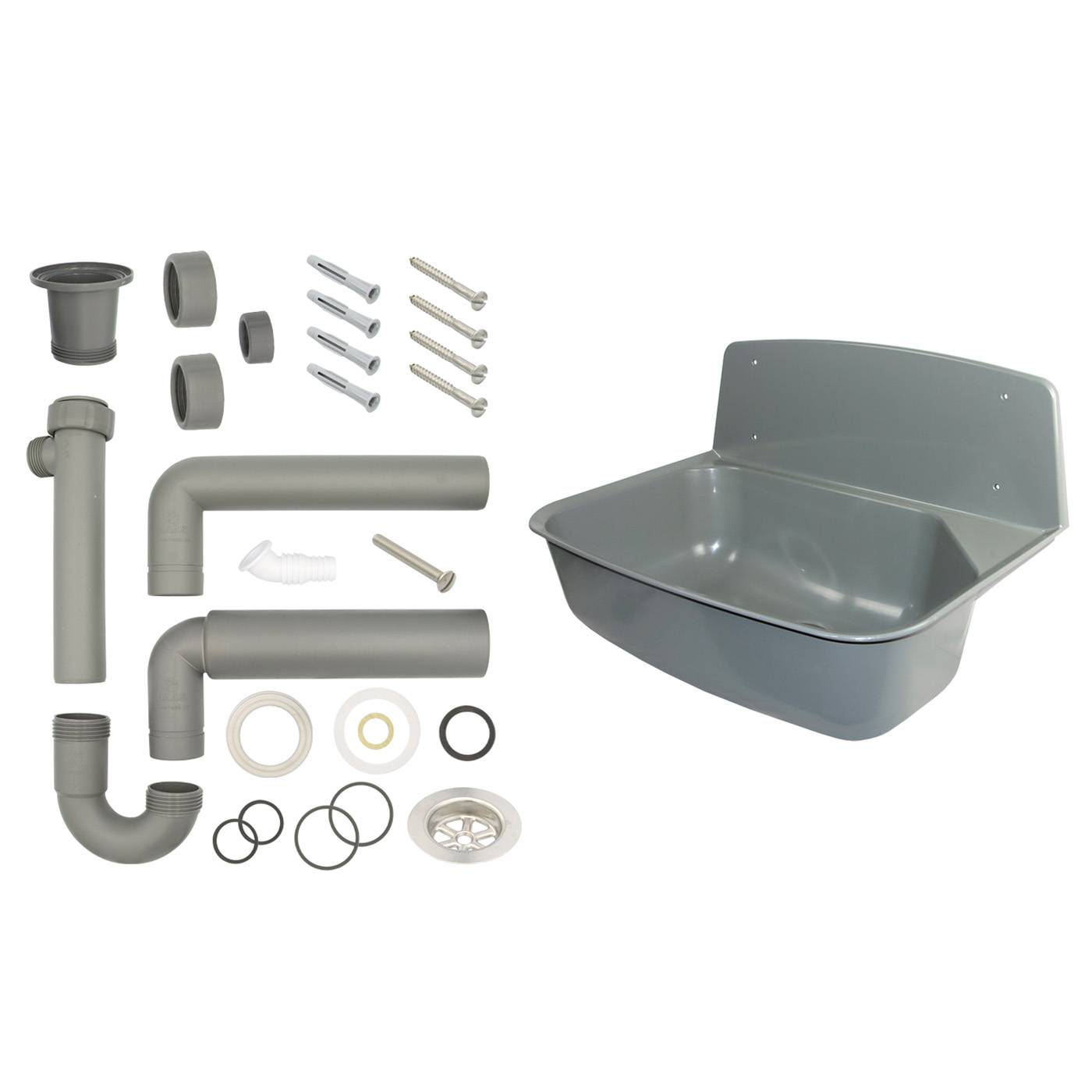 Ausgussbecken aus Kunststoff mit Spritzschutz und siphon DN 40/50-4