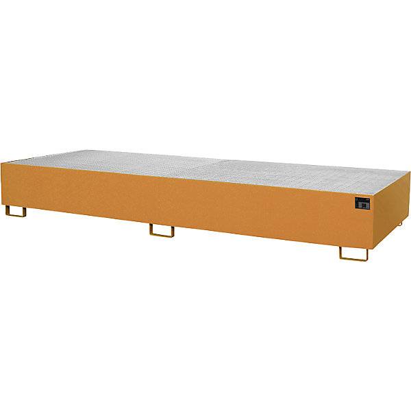 Regal-Bodenwanne 1000 l Auffangvolumen LxBxH 3550 x 1300 x 355 mm mit Gitterrost gelborange. TAKKT Industrial
