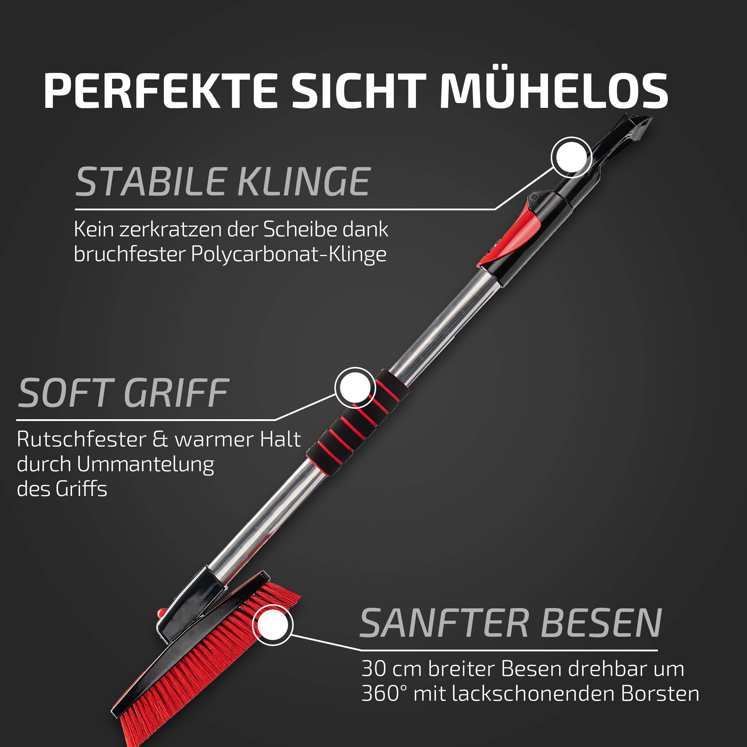 HEYNER® Eiskratzer 11cm mit Teleskop-Schneebesen, Messingklinge 6,5cm ausziehbar 100-160 cm & drehbar 360°-4
