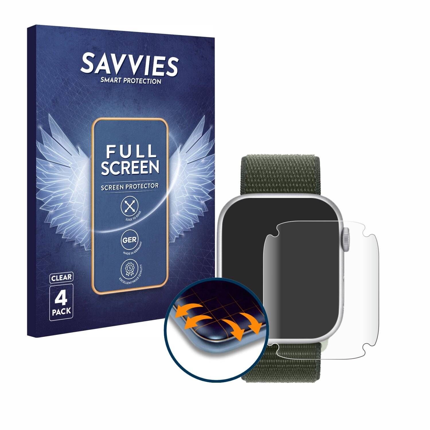 4x Savvies Full-Screen Folie für Apple Watch Series 9 (45-0