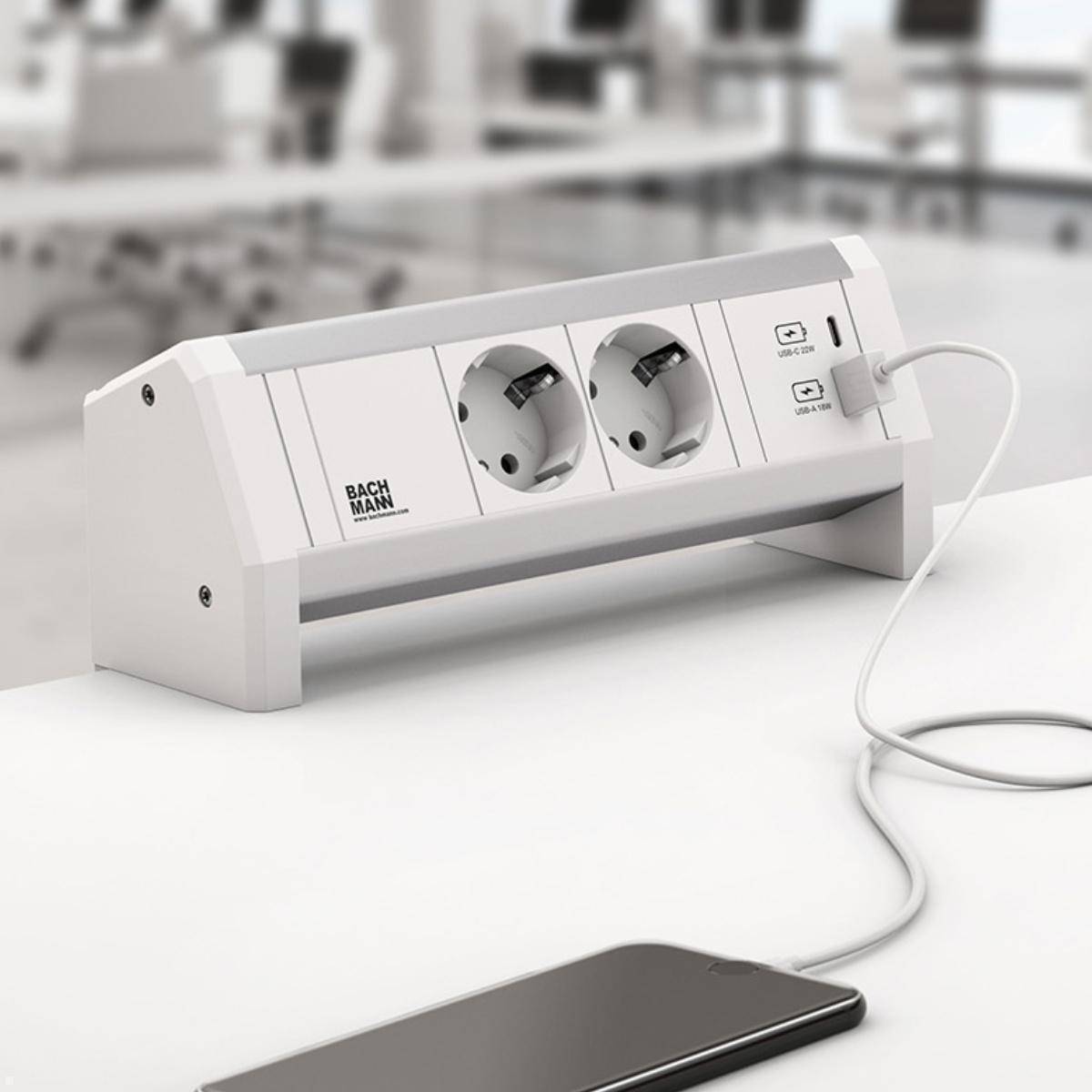 BACHMANN DESK 2xCEE7/3 1xUSB A/C 22W GST18 RAL9010-1