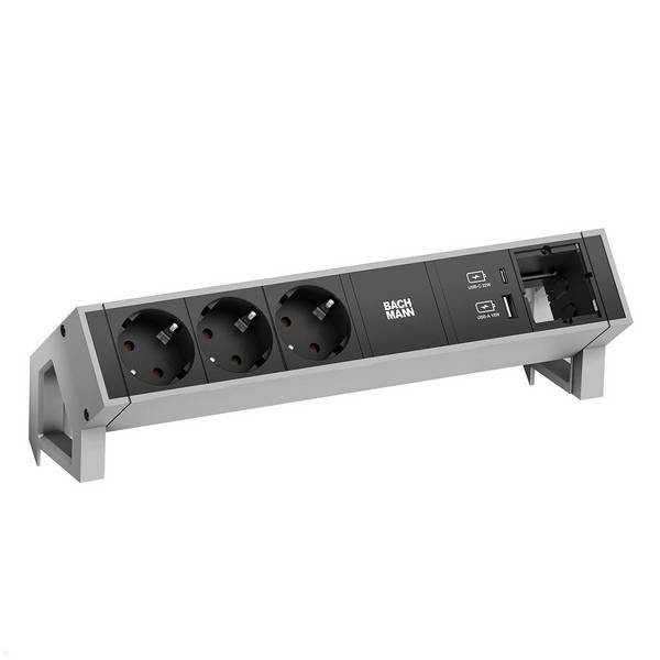 BACHMANN DESK2 3xCEE7/3 1x CM USB Charger A/C 22W, 0,2m GST18 INOX