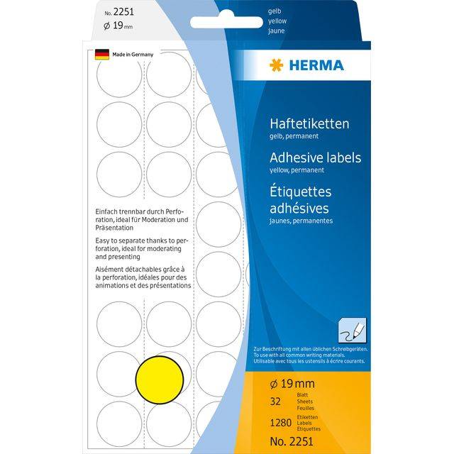 HERMA - Papier - matt - permanenter Klebstoff - Gelb - 19 mm rund 1280 Etikett(en) (32 Bogen x 40)-9