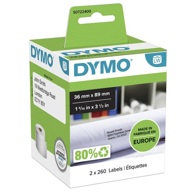 DYMO LabelWriter - Papier - permanenter Klebstoff - weiß - 36 x 89 mm 520 Etikett(en) (2 Rolle(n)-9