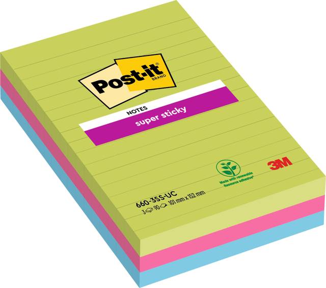 Post-it Haftnotizen super sticky notes, liniert, 101 x 152mm