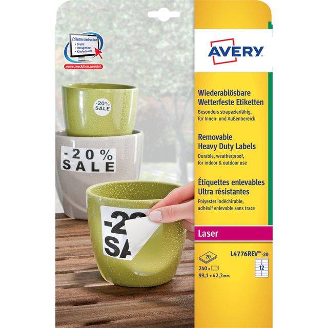 Avery Zweckform L4776REV - Polyester - matt - selbstklebend, entfernbarer Klebstoff - weiß - 99.1 x 42.3 mm 240 Etikett(-5