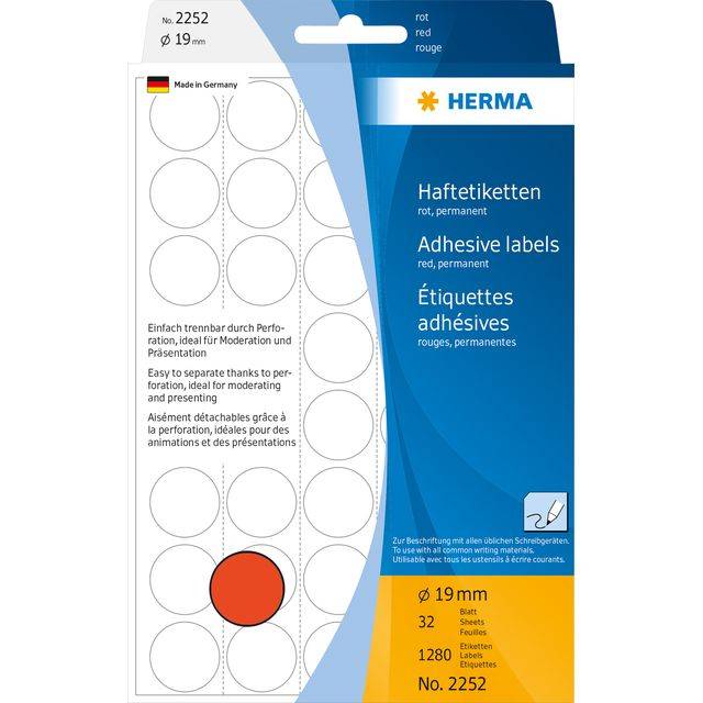 HERMA - Papier - matt - permanenter Klebstoff - Rot - 19 mm rund 1280 Etikett(en) (32 Bogen x 40)-9