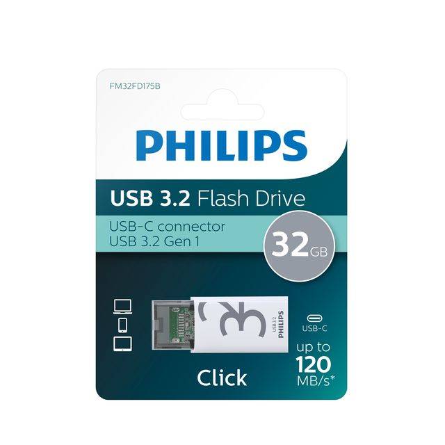 Philips Click, 32 GB, USB Typ-C, 3.2 Gen 1 (3.1 Gen 1), 120 MB/s, Kappe, Transparent, Weiß-0