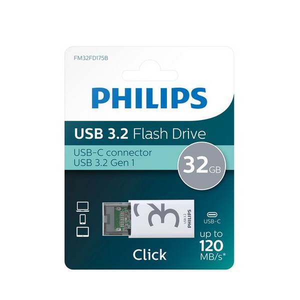 Philips Click, 32 GB, USB Typ-C, 3.2 Gen 1 (3.1 Gen 1), 120 MB/s, Kappe, Transparent, Weiß