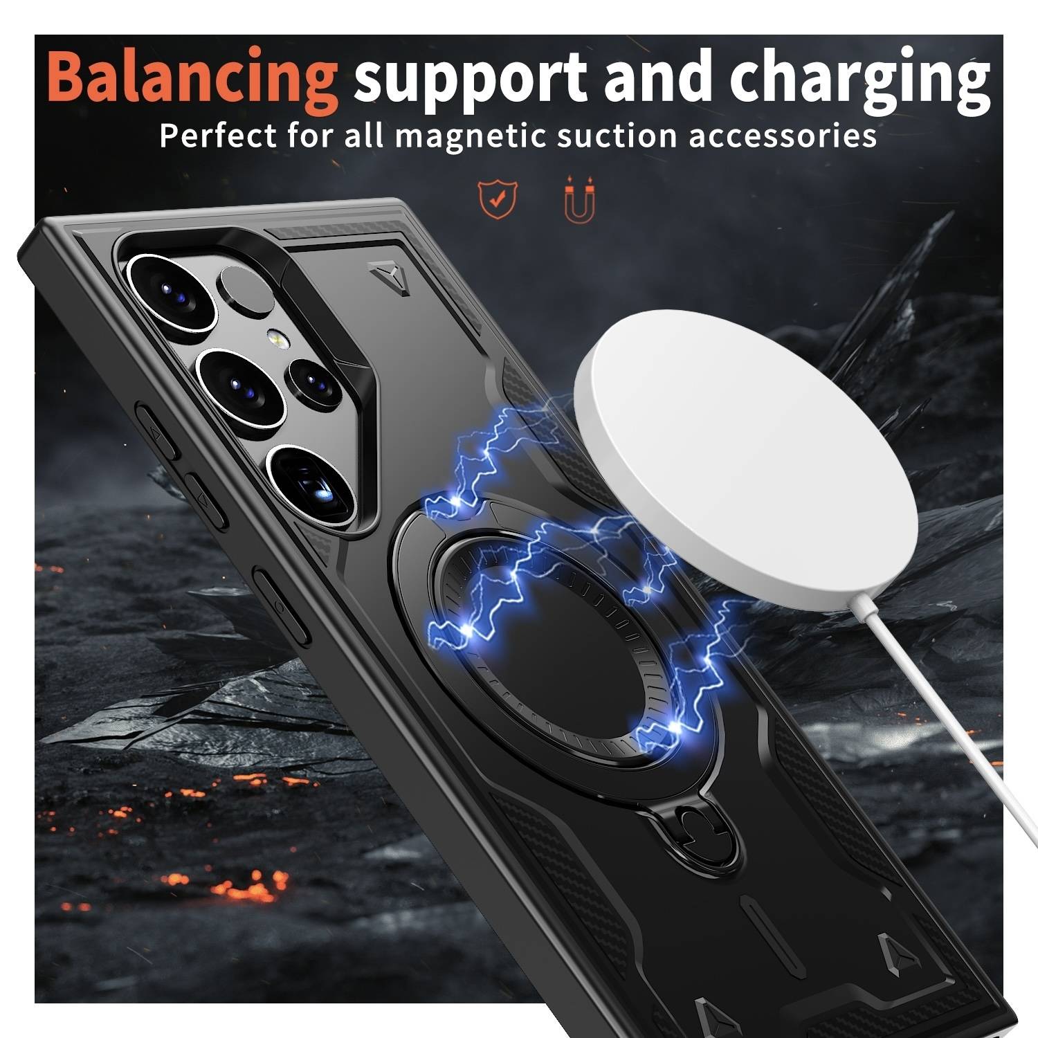 Für Samsung Galaxy S25 Ultra 5G MagSafe Ringhalter PC Hybrid TPU Hülle Schwarz-2