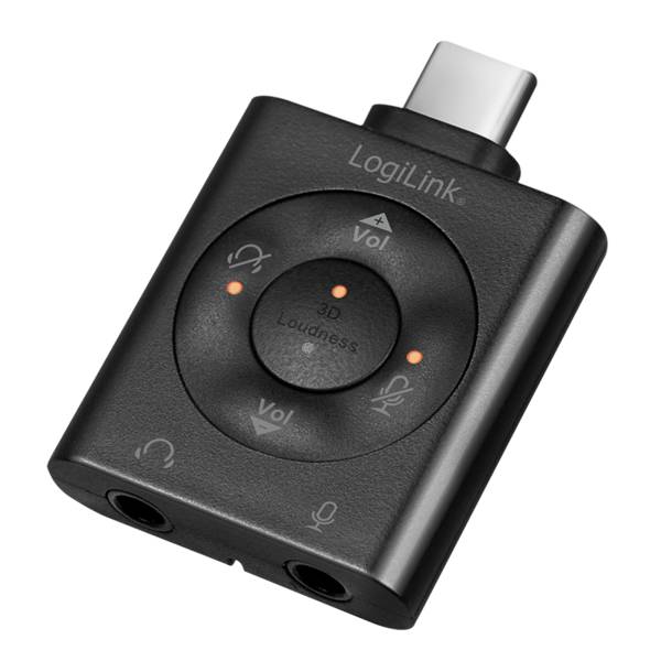 LogiLink USB-C Audio Adapter, C/M zu 2 x 3,5 mm, F, virtuell 7.1, schwarz