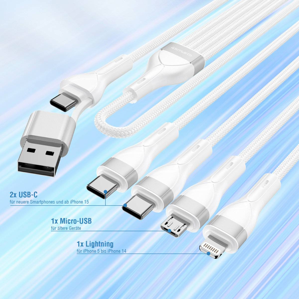 4smarts 541024, 1,2 m, USB A/USB C, USB C/Micro USB-A/Lightning, Weiß-3