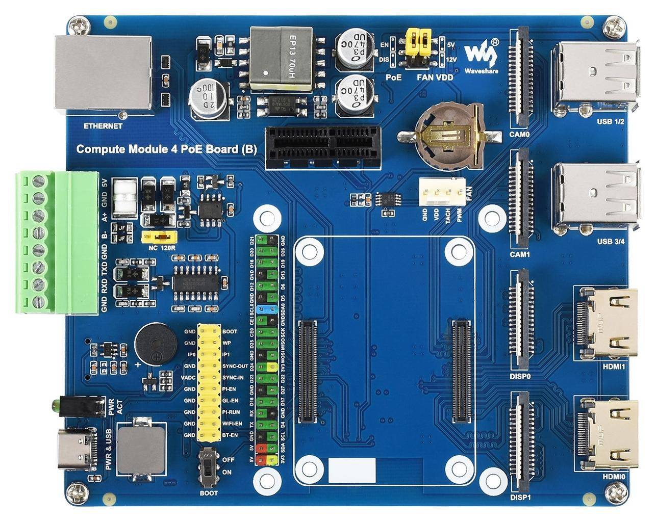 Waveshare IO Board Typ B für Raspberry Pi CM4 Module, PoE, 4 USB-Ports, Dual-HDMI, PCIe-1