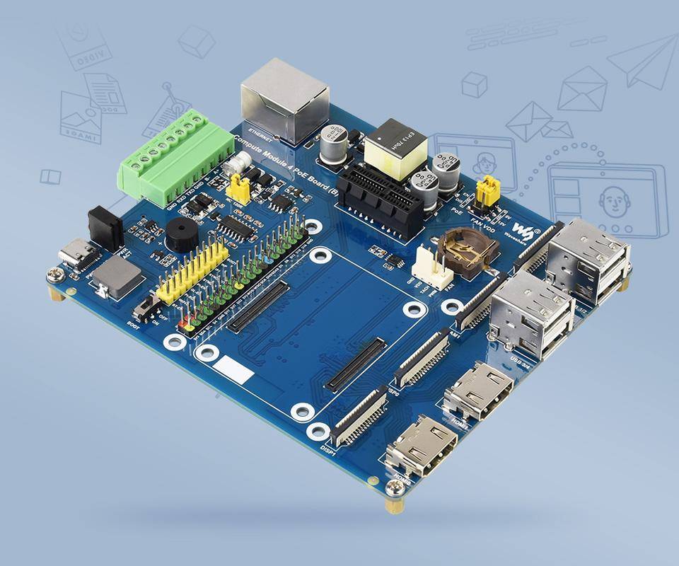 Waveshare IO Board Typ B für Raspberry Pi CM4 Module, PoE, 4 USB-Ports, Dual-HDMI, PCIe-4