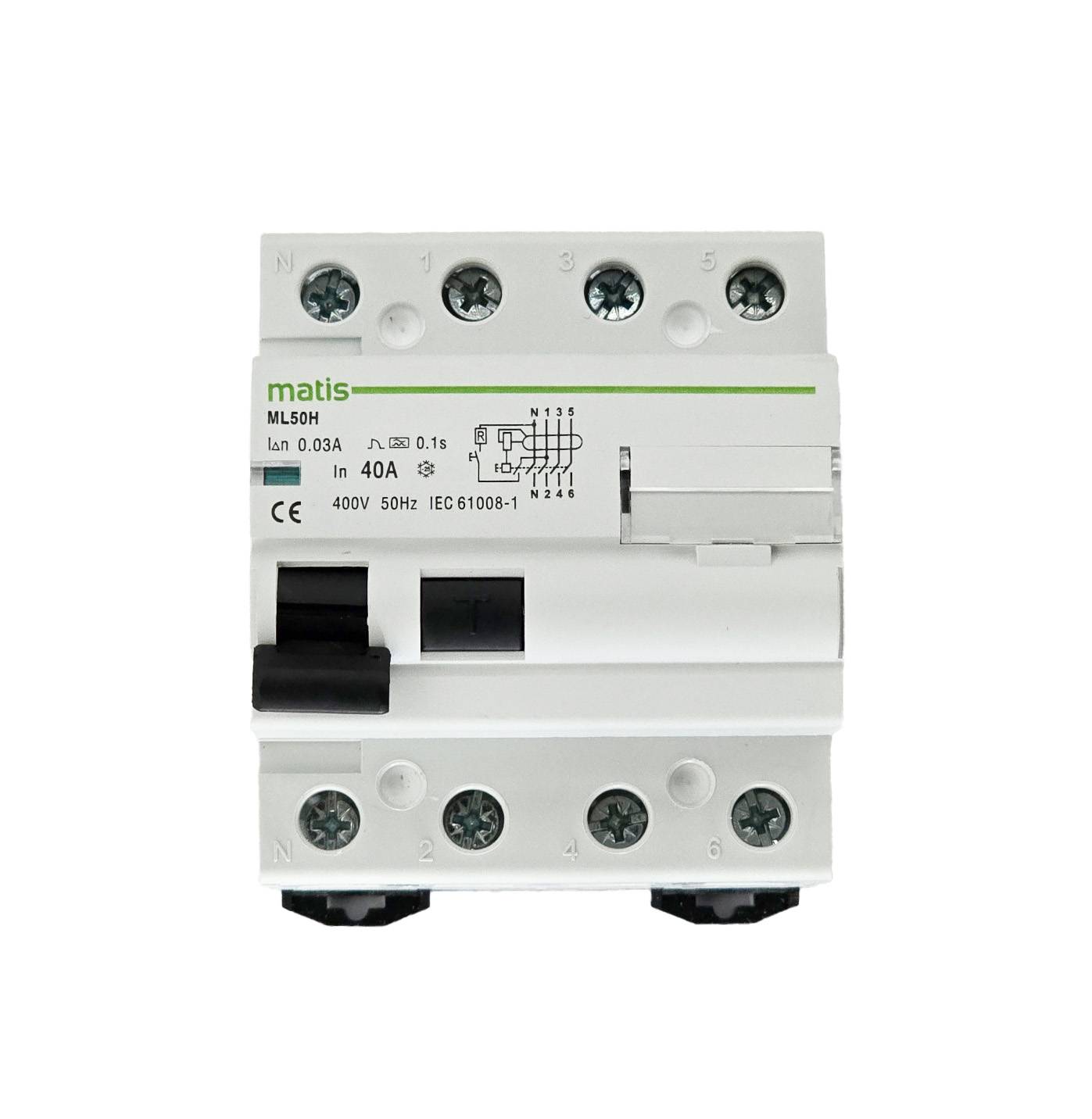 Matismart ML50H4P FI Schutzschalter 4-polig 40A/30mA, AC, Test-Taste, VDE, IP2x-0