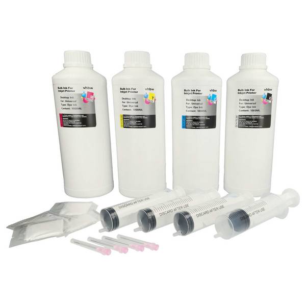 vhbw 4x Nachfülltinte kompatibel mit Dell Drucker | Refillset Dye Cyan, Dye Magenta, Dye Schwarz, Dye Yellow, 1000ml
