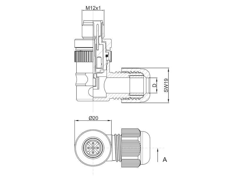 Lutronic 1255 05 T9CR M12-Kabelstecker 5 polig gewinkelt SW19-2