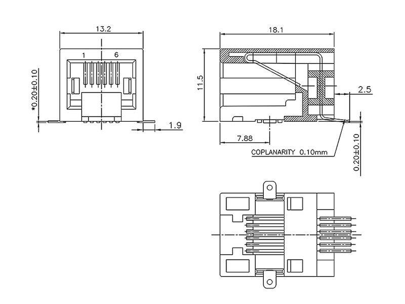 Encitech Connectors AB RJJU-66-141-E3H-008 Modular-Einbaubuchse 6P6C ungeschirmt SMT Pad außen-3