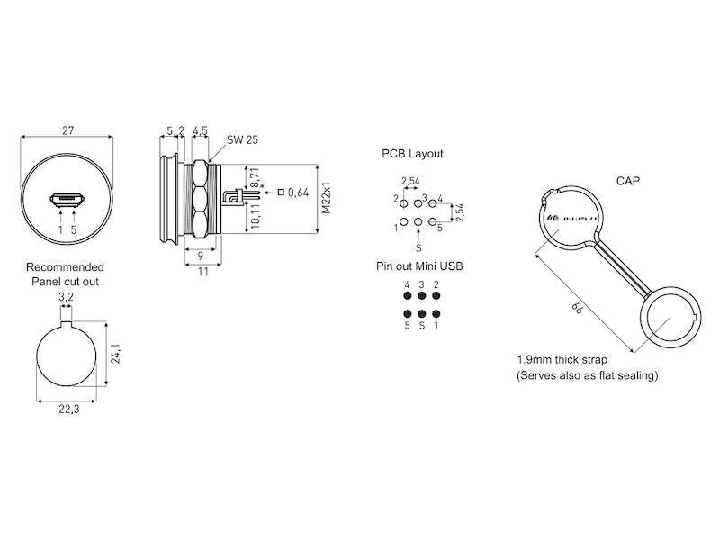Encitech Connectors AB M22 Einbaubuchse Micro-USB 2.0 Typ B Kunststoff und Kappe, Einbau von vorne, Lötpins-1