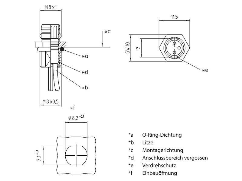 Lutronic 0830 03 T8CW 0,5m M8-Einbaustecker 3 polig mit Litzen 0,5 m-2