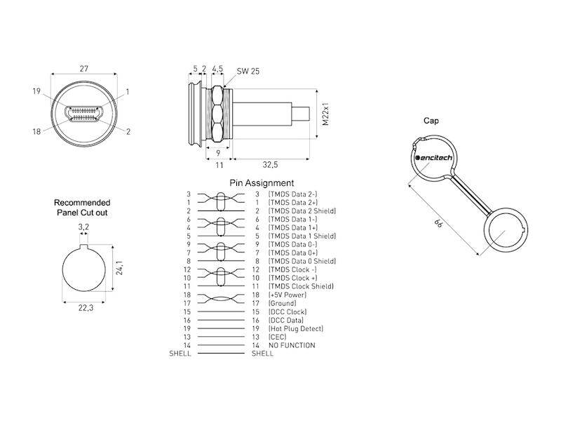 Encitech Connectors AB M22 Einbauadapter HDMI Buchse/Stecker Kunststoff und Kappe, Einbau von vorne-1