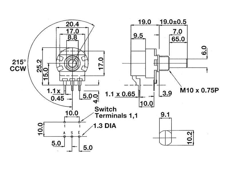 OMEG Leitplastik-Drehpotentiometer linear mono, mit Schalter 6 mm Achse PC20BU/HS4 100 kΩ ± 20% 500 V 0,4 W-2