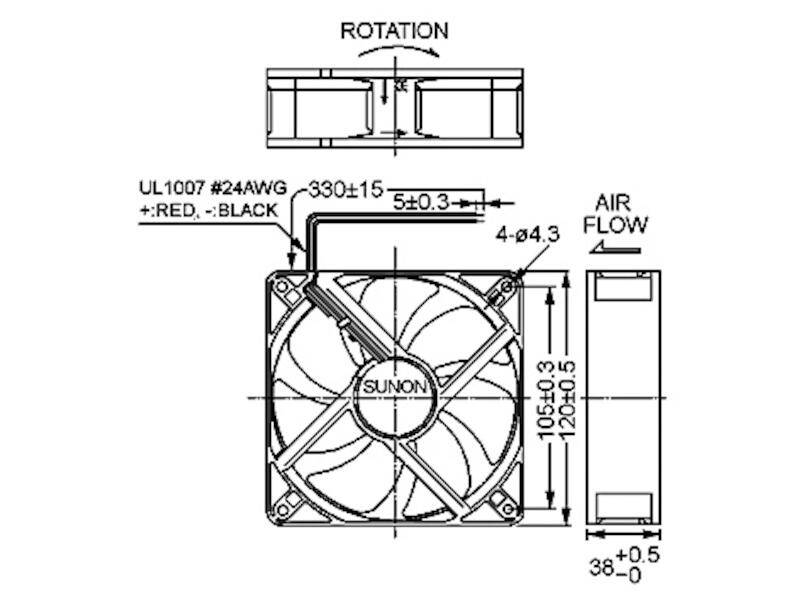 SUNON Lüfter Kugellager 24 Vdc 120 x 120 x 38 mm mit Litze AWG24 schwarz-2