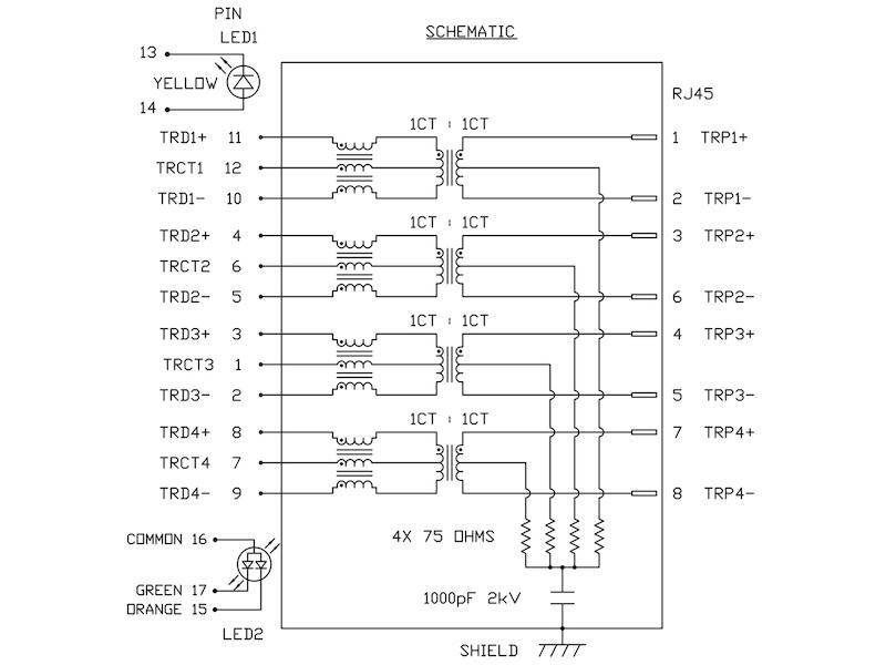 BEL Magnetics L829-1J1T-43 MagJack 1 x RJ45 mit LEDs Ultra Low Profile GN-OR-GE/GE 8 Cores-1